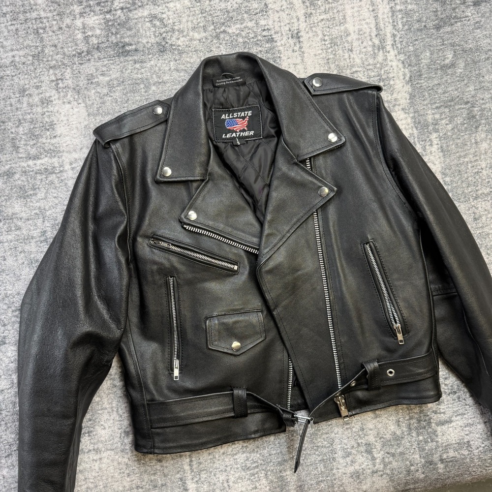 VTG AllState Leather Jacket Small Black Motorcycle Biker Asymmetric Zip Belted